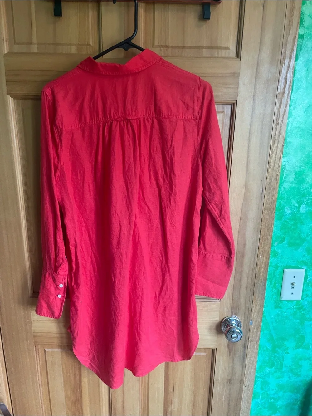Red Women's Midi Shirt Dress - Classic Button Front, Linen and Cotton, Sz S